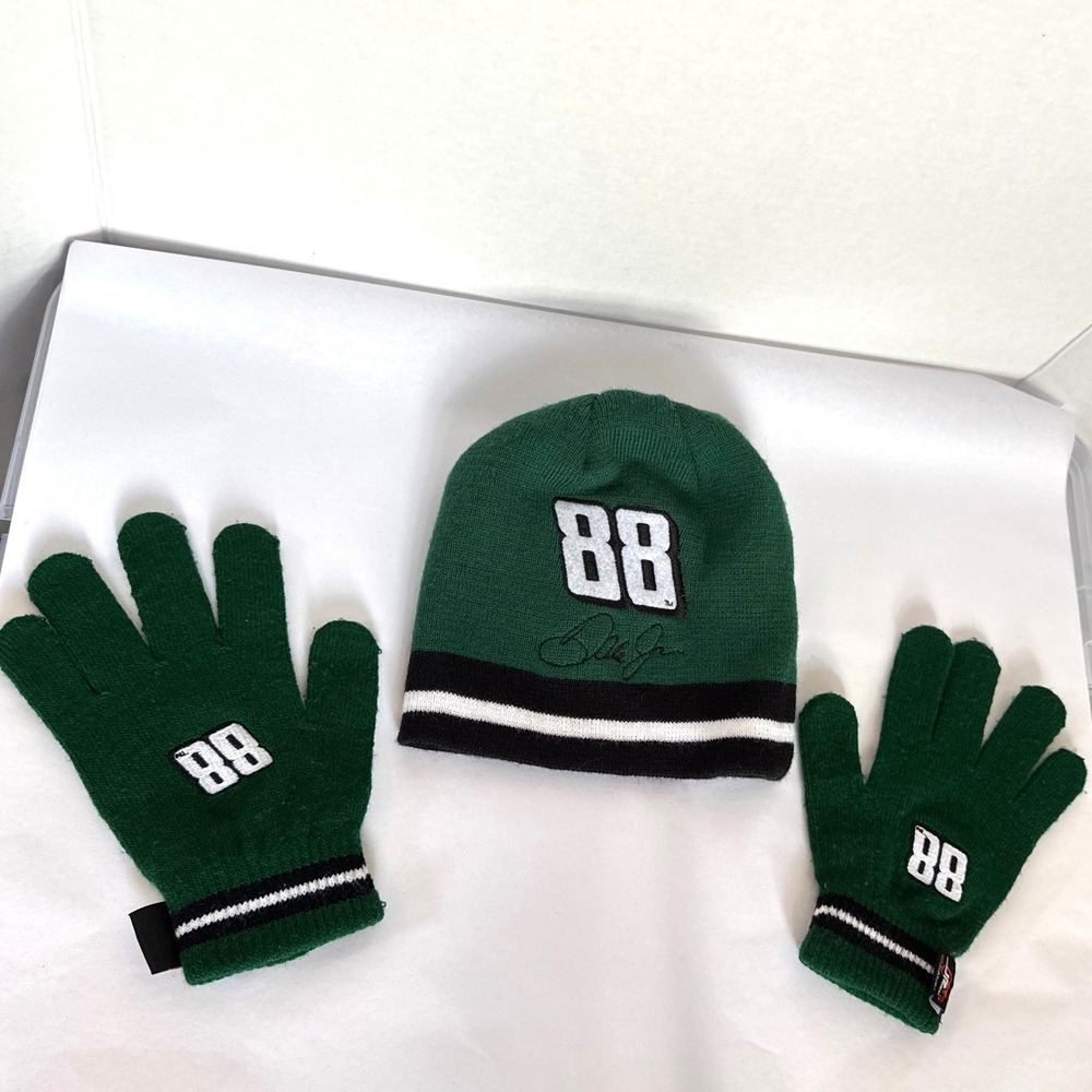 Dale Earnhardt Jr 88 NASCAR Beanie & Gloves Set Green JR Nation Youth Racing Fan